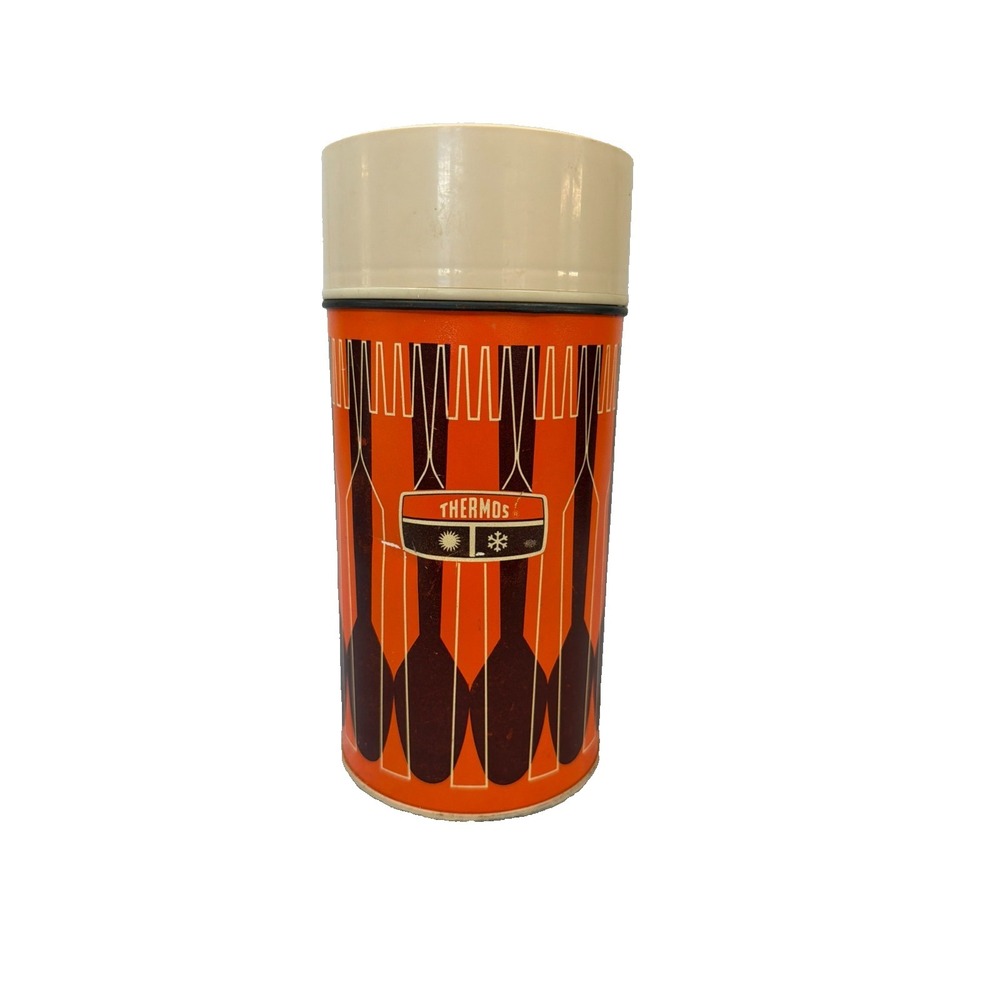 Vintage 1971 Thermos King-Seeley Orange‎ Brown Geometric Vacuum Bottle No 7263